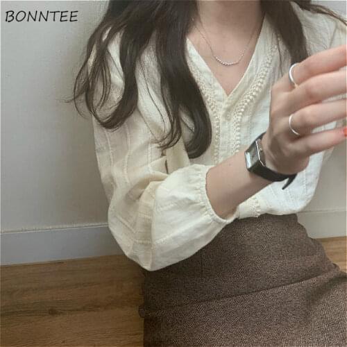 Blouses Women Plus Size 3XL Elegant Korean Simple Chic V-Neck Summer Ladies Blouse Top Popular Long Sleeve Lovely Girls Shirts