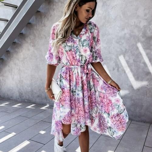 2021 Summer Style European And American Fashion Popular Printed Mid-sleeve Dress Women Online Trend Hot Sale Irregular Big Skirt