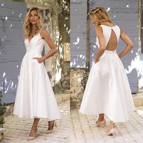 Womens Summer Sexy Deep V-neck White Backless Satin Midi Dress New Arrival 2021 Fashion Elegant Large Hem Sleeveless Dresses