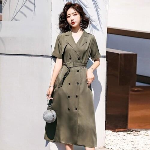 Office Dresses For Ladies 2020 Summer Double-Breasted Sundress Khaki Short Sleeve Long Dress Korean Robe Femme Vestidos AA5449