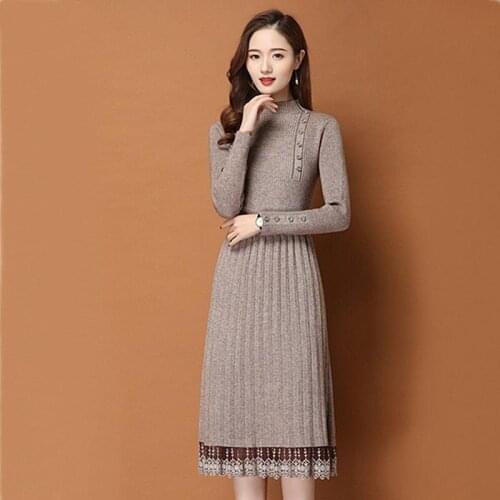 Lace Hem Buttons Women Autumn Winter Sweater Knitted A Line Dress Ribbed Slim Elastic Long Sleeve Lady Bodycon Midi Dresses X309