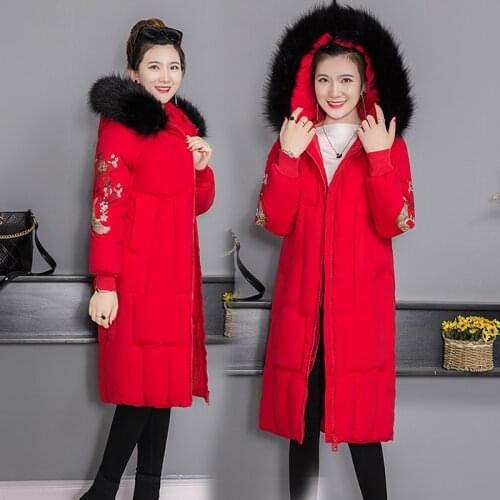 Winter Womens 2020 Embroidery Cotton Coat Female Hooded Zipper Plus Size Thickening Warm Black Casual Padded Coat Women Q256