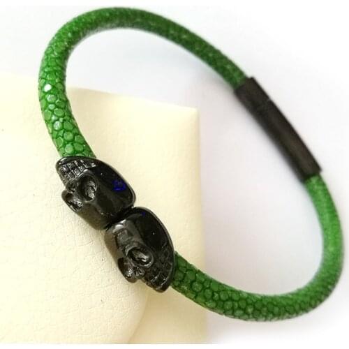 10pcs)Fashion Black Stainless Steel Twin Northskul Man Women Genuine Blue Leather Stingray Bracelet Jewelry Gift Fit Watch