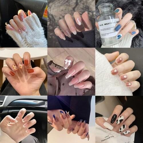 24pcs/Box Of Black And White Flower Pearl Bowknot Pattern French Easy-To-Wear Fake Nail Products Full Coverage Finished Product