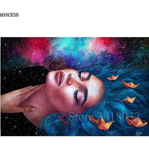 Diy Diamond Painting Cross Stitch Sleeping Woman & Paper Boat Needlework Diamond Embroidery Full Round Mosaic Decoration Resin