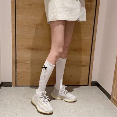 Ins Black white Stockings Knitted cotton bow Calf Socks Female spring autumn summer lolita lovely cute Socks