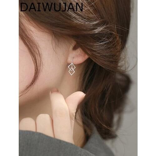 DAIWUJAN INS 925 Sterling Silver Drop Earrings For Women Simple Square Geometric Chain Pendant Earrings Party Fashion Jewelry