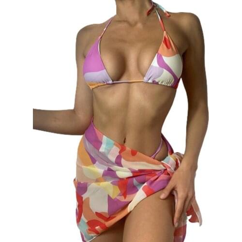 Women Swimsuit Set Color Block Triangle Sexy Backless Lacing Bikini Set for Swimming