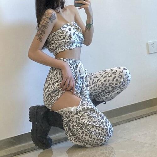 Spring Summer Leopard Print Casual 2-Two Piece Tracksuits Pants Set New Sexy Tube Top Strapless Crop And Holes Leg Pants Outfit