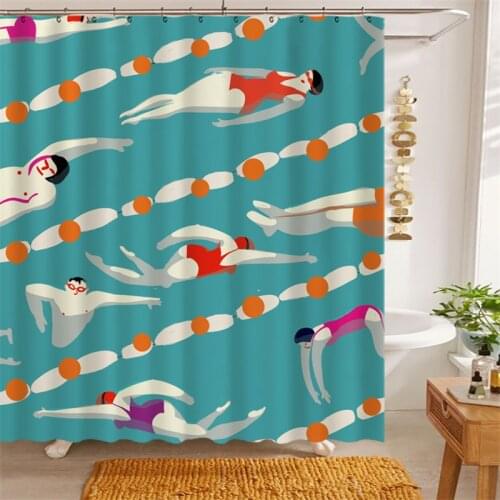 Creative Swimming Theme Shower Curtain Cartoon Printing Partition Hanging Water Resistance Fabric for Bath Home Bathroom Decor