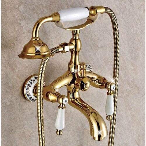 Gold Color Brass Ceramics Base Wall Mounted Clawfoot Bath Tub Faucet Mixer Tap Telephone Style Hand Held Shower Head Set atf414