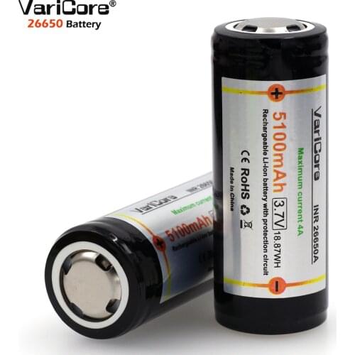 VariCore 26650 3.7V Lithium Battery 26650 5100mAh 4A Protective Board Battery for Highlight Flashlight