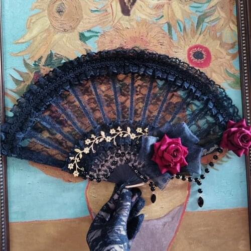 Lolita Cosplay KC Hand Held Fan Gothic Angel Wing Feather Rose Bead Chain Lace Flower Black Folding Fan Dance Wedding Decoration