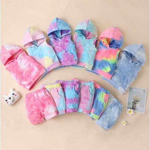 Fashion Newborn Baby 2piece Outfit Set Sleeveless Hooded Tie-dye T shirt Tops Shorts Set Kids Babys Sets