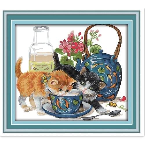Curious cat cross stitch kit aida 14ct 11ct count printed canvas stitches embroidery DIY handmade needlework