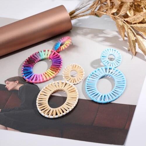 Latest Rainbow Colorful Raffia Earring Big Oval Straw Statement Earrings for Women
