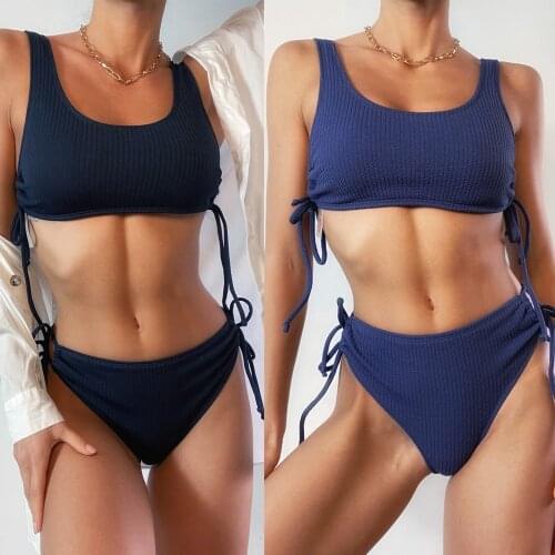 2021 New Women High flexibility Solid color stripe Sexy Bandage Bikini Swimsuit Thicken navy Swimwear Summer