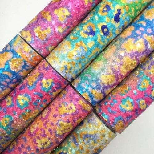 Onefly Wholesales Dropshipping Leather Supplier Rainbow Leopard Printed Glitter Faux Vinyl Leather Fabric Felt Backing DIY FZ086