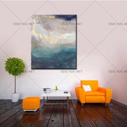 Handmade Sky Dark Clouds Abstract Oil Painting Seascape Turqoise Gold Abstract On Canvas Painting Decor Large Art Cheap Painting