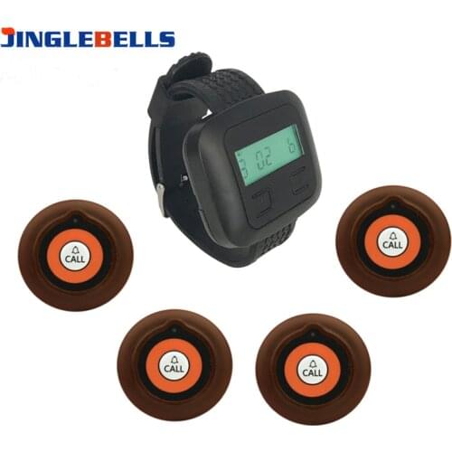 Wireless Calling System Cafe, Hotel, Office 4 Button Transmitters+1 Watch Pager Receiver Restaurant Waiter Frequency 433MHZ