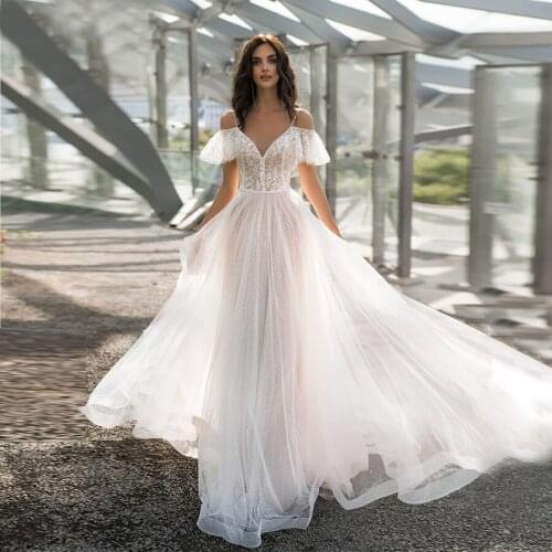 New Spaghetti Strap Wedding Dress A-Line Shiny Design Lace Boho Custom Made Vestidos de novia Floor Length