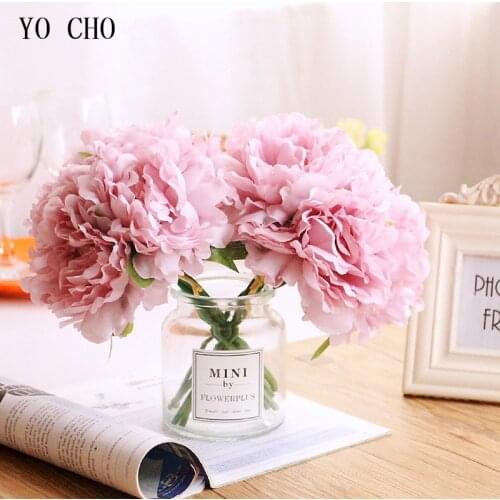 YO CHO Silk Peony Artificial Flower Single Branch Fake Peony Flowers Pink Home Wedding Decoration Table Decor Flower Arrangement