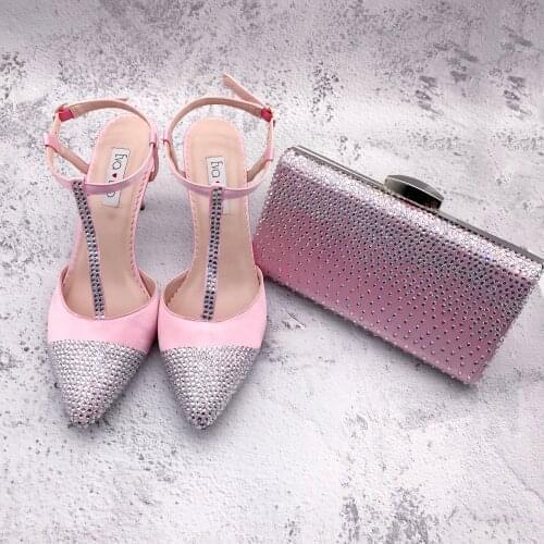 BS1287 Custom Made Women Bridal wedding Shoes Light Pink Silver Crystal Pointed toe Shoes with Matching Bags Set