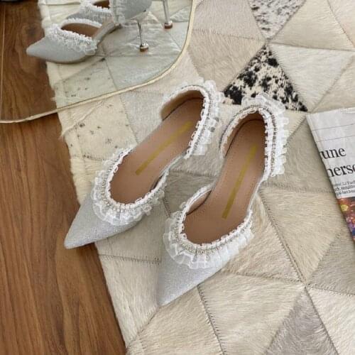 Ladies High Heels Spring And Autumn New All-Match Lace Edge Solid Color Set Foot Rhinestone Sweet And Elegant Single Shoes