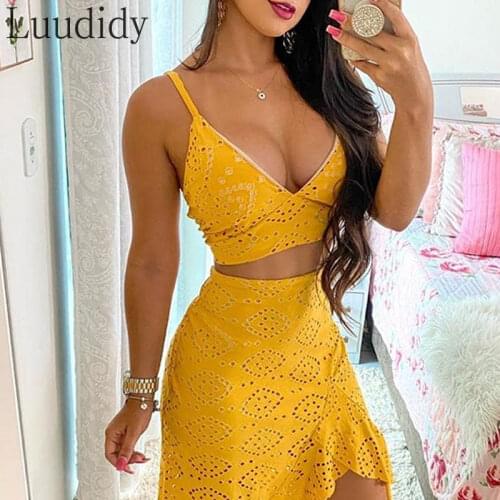 Womens Summer Two Piece Set Eyelet Embroidery Top & Ruffle Hem Skirt Sets