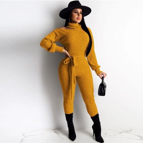 Women Stretch Turtleneck Jumpsuit Bandage Bodycon Skinny Elastic Knitted Female Romper Strapless Club Outfits Long Pants Slim