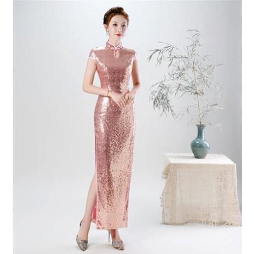 Chinese Style Oversize Womens Dress Simple Solid Color Sequin Cheongsam Dress Ladies Stage Performance Clothing