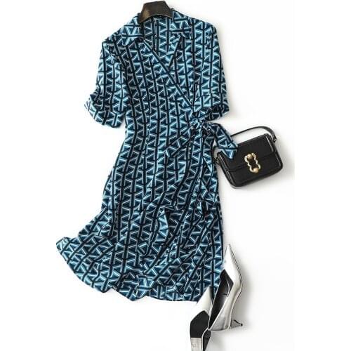 24mm 100% silk geometric y-print dress women v neck france vintage summer comfortable home dresses