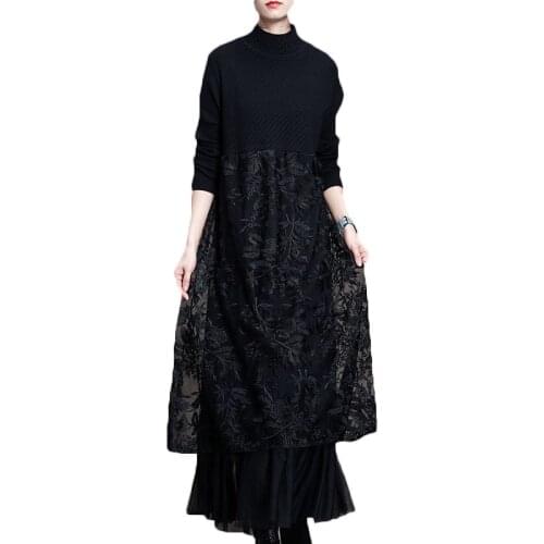 2021 Autumn Winter Dress New Ldies Lace Dress Womens Knitted Stitching Temperament Slim Dress For Women Dresses 79a