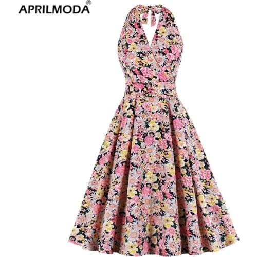 2020 Multicolor Floral High Waist Vintage Dress Robes Women Belted Halter Party Vestidos Sexy Backless Elegant Wrap Midi Dresses