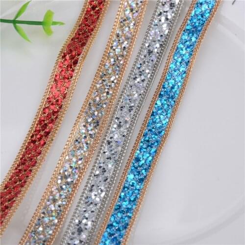 11Mm Wide Sequins Rhinestone Chain Iron On Hotfix Crystal Tape Applique Ribbon Glitter Trim Diy Wedding Dress Shoes 2 Yards/Lot
