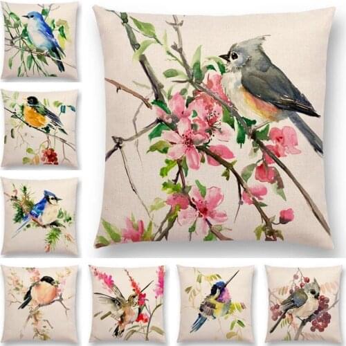45CM*45CM Watercolor Lovely Birds Cushion Cover Robin Tit Finch Hummingbird Goldfinch Sparrow Prints Pillow Case