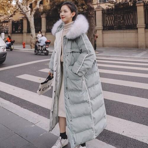 90% White Duck Down Material Hooded Women Cotton-Padded Jacket 2021 Winter New Corduroybig Fur Collar Loose Long Coat Female