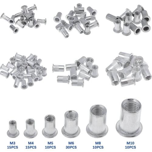 90Pcs M3 M4 M5 M6 M8 M10 Rivet Nut Aluminum Flat Head Rivet Nuts Set Insert Reveting Multi Size Rivet Nuts