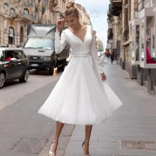 2021 Satin Short Wedding Dress 2020 Long Sleeve V-neck Boho Bridal Gowns Buttons Back Vestido de noiva Mid-Calf Wedding Gowns