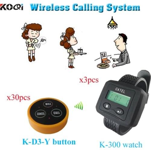 Wireless Waiter Call System For Restaurant Service Pager With Best Price( 3 watch pager +30 table bell button)