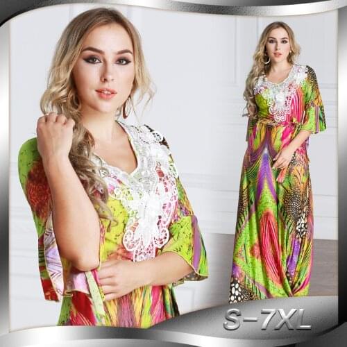 BianFeng Womens Tie Dyed Abaya Dress Muslim Hui Embroidery Lace Robe Round Neck Middle Sleeve Loose Fit Plus Size Skirt