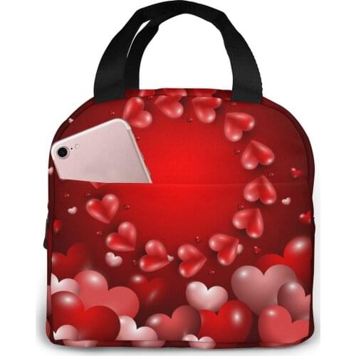 Heart Ring And Balloon Red Hearts Cooler Lunch Box Portable Insulated Lunch Bag Thermal Food Picnic Lunch Bags