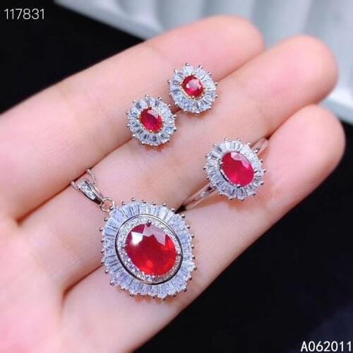 KJJEAXCMY fine jewelry natural ruby 925 sterling silver luxury girl gemstone pendant necklace earrings ring set support test
