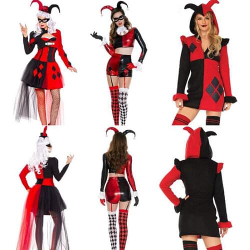 Girls Cosplay Costume Joker Clown Circus fancy dress Adult Women Halloween Cosplay black red Dress