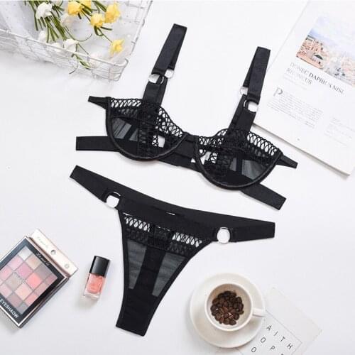 Summer Womens Sexy Lingerie Set Reticular Foramen Hollow Perspective Bra Set Underwire Gather Bra Sexy Thong Black Underwear