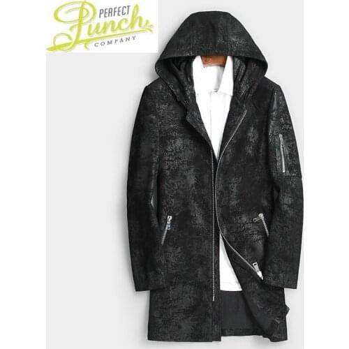 Hooded Mens Genuine Jacket 100% Goatskin Coat Mens Print Leather Jackets Windbreaker Chaqueta Cuero Hombre 8801 YY554