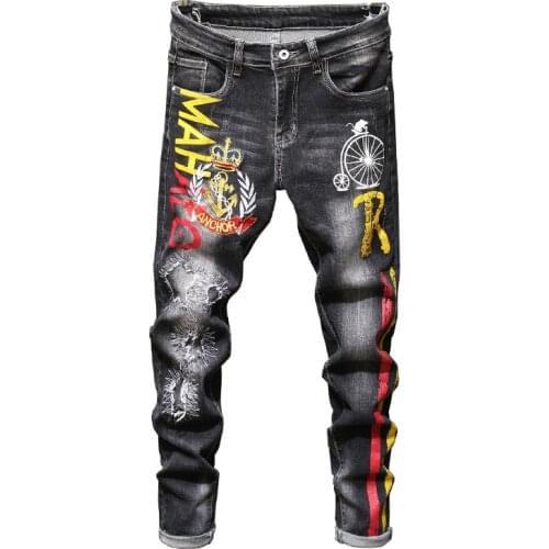 Sokotoo Mens anchor crown embroidered printed jeans Fashion patchwork ripped stretch edenim slim straight pants