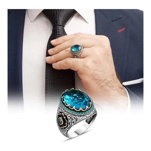 Real Silver 925 Aqua Blue Nature Stone Ring For Men with Gift Box