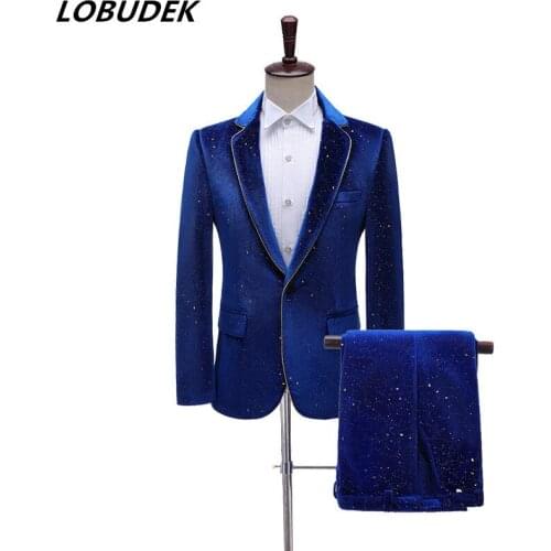 New Wedding Suit Formal Velvet Royal Blue/Black Mens Banquet Evening Party Singer Host Stage Tuxedo 2-Piece Suits England Style