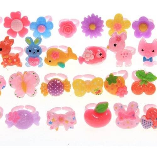 Wholesale 100pcs Children Cartoon Acrylic Resin rings Animals Flower Toy Rings for Kids Girls Christmas gift